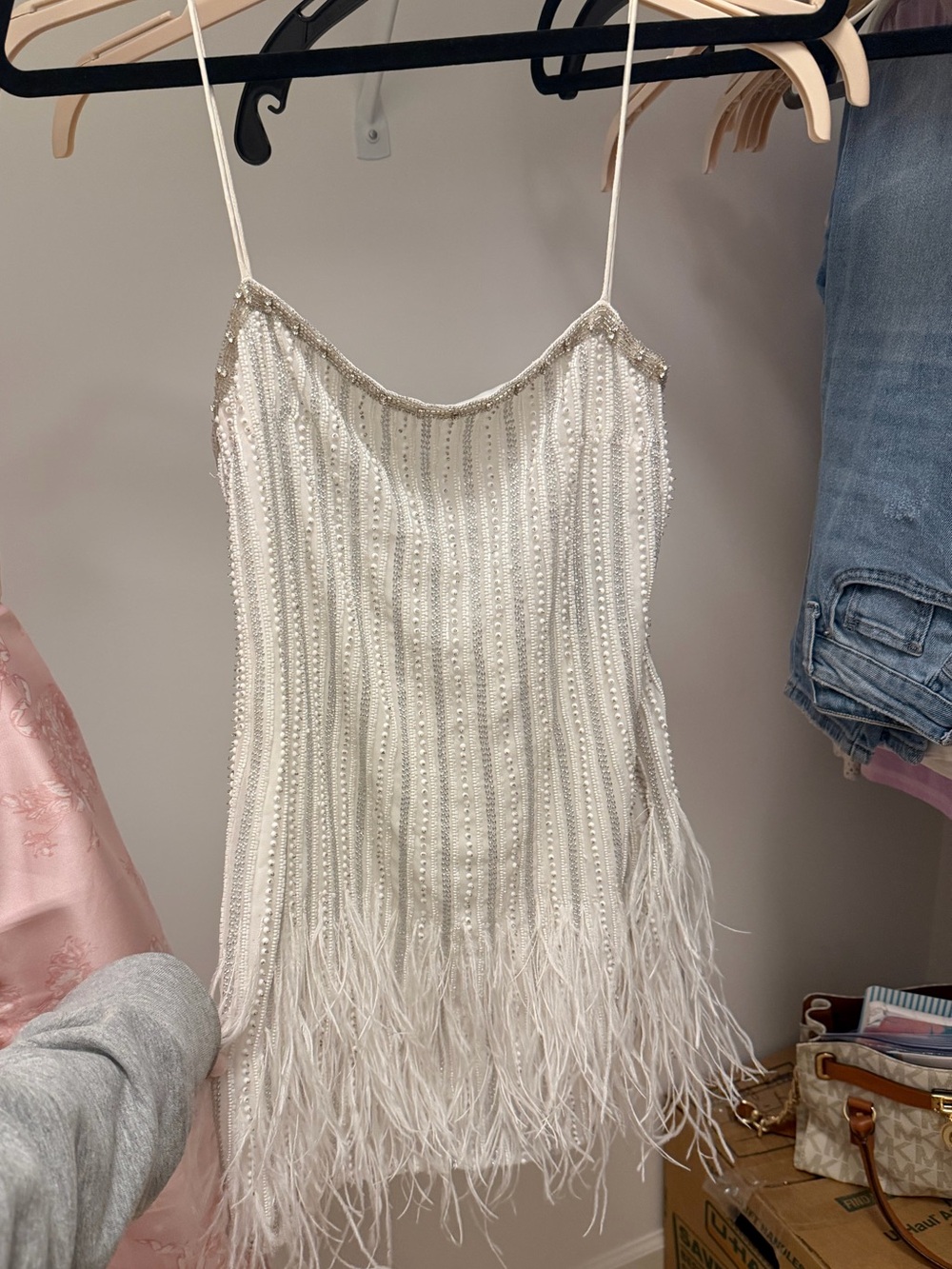 Retrofete Ivory Beaded Feather Mini Dress